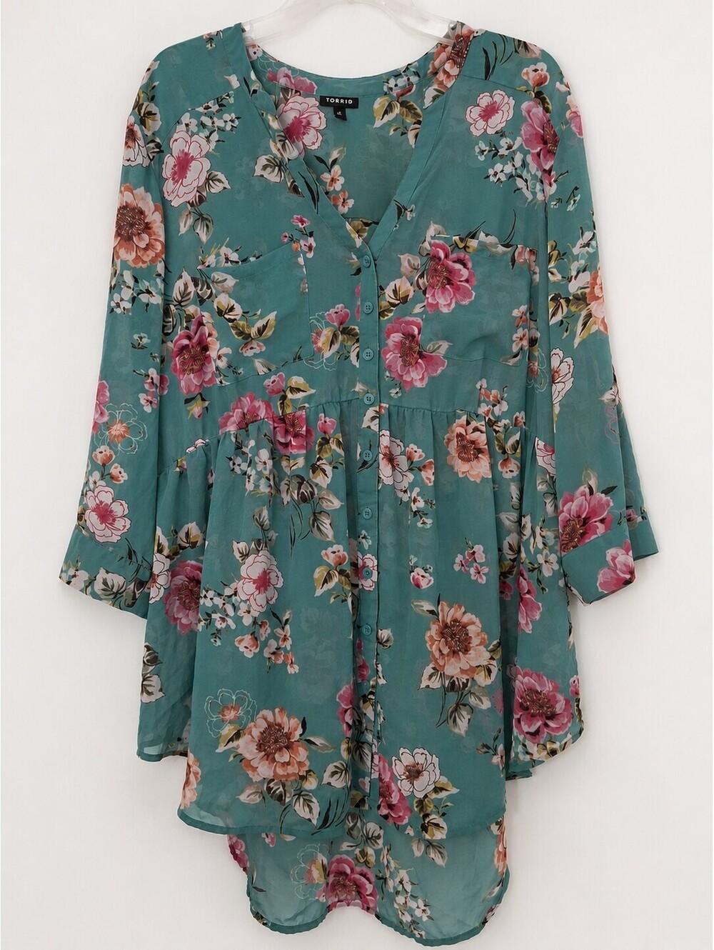 Torrid Womens 2X Lexie Mint Green Floral Chiffon Babydoll Hi/Lo Semi Sheer Tunic